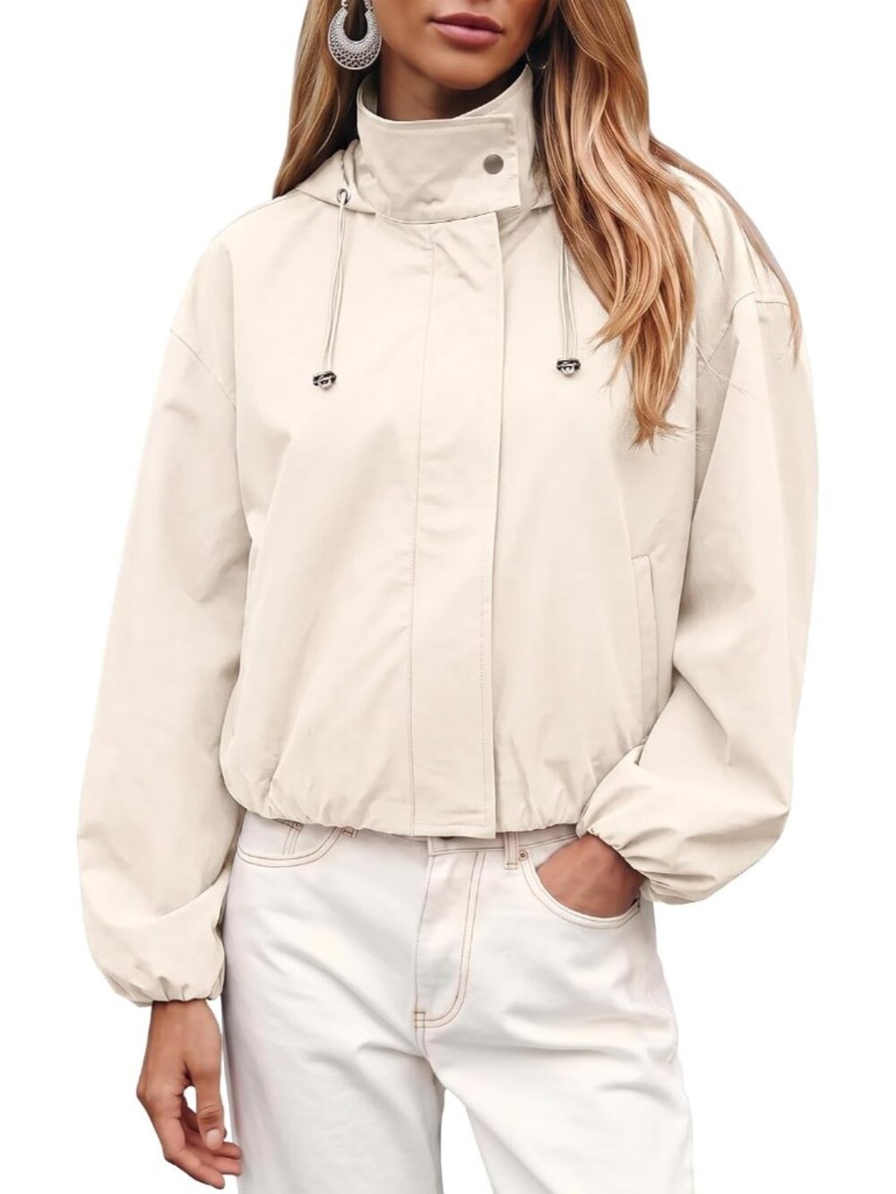Women White Polyester Stand Collar Hooded Long Sleeve Elastic Cuff Bomber Jacket